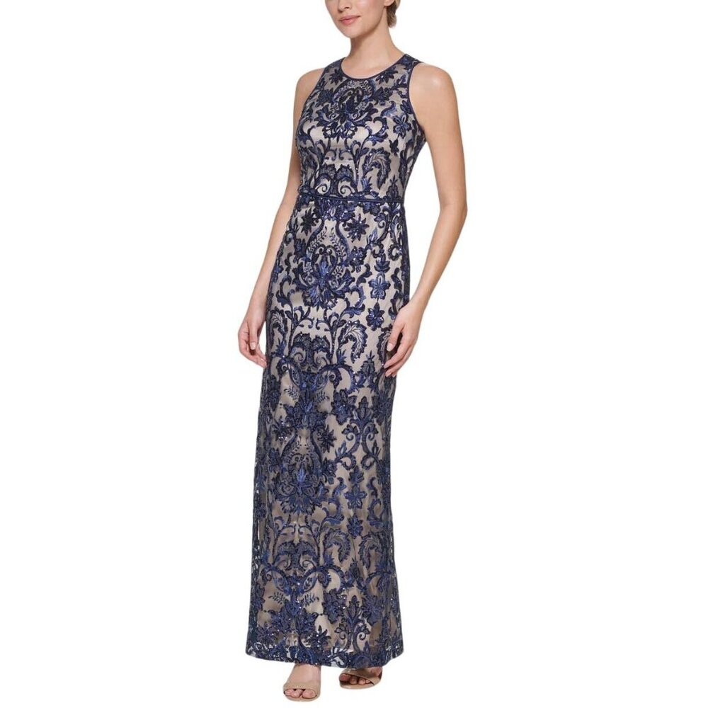NWT Vince Camuto Embroidered Sequin Sleeveless Gown VC2M3364-410 Navy Blue 10